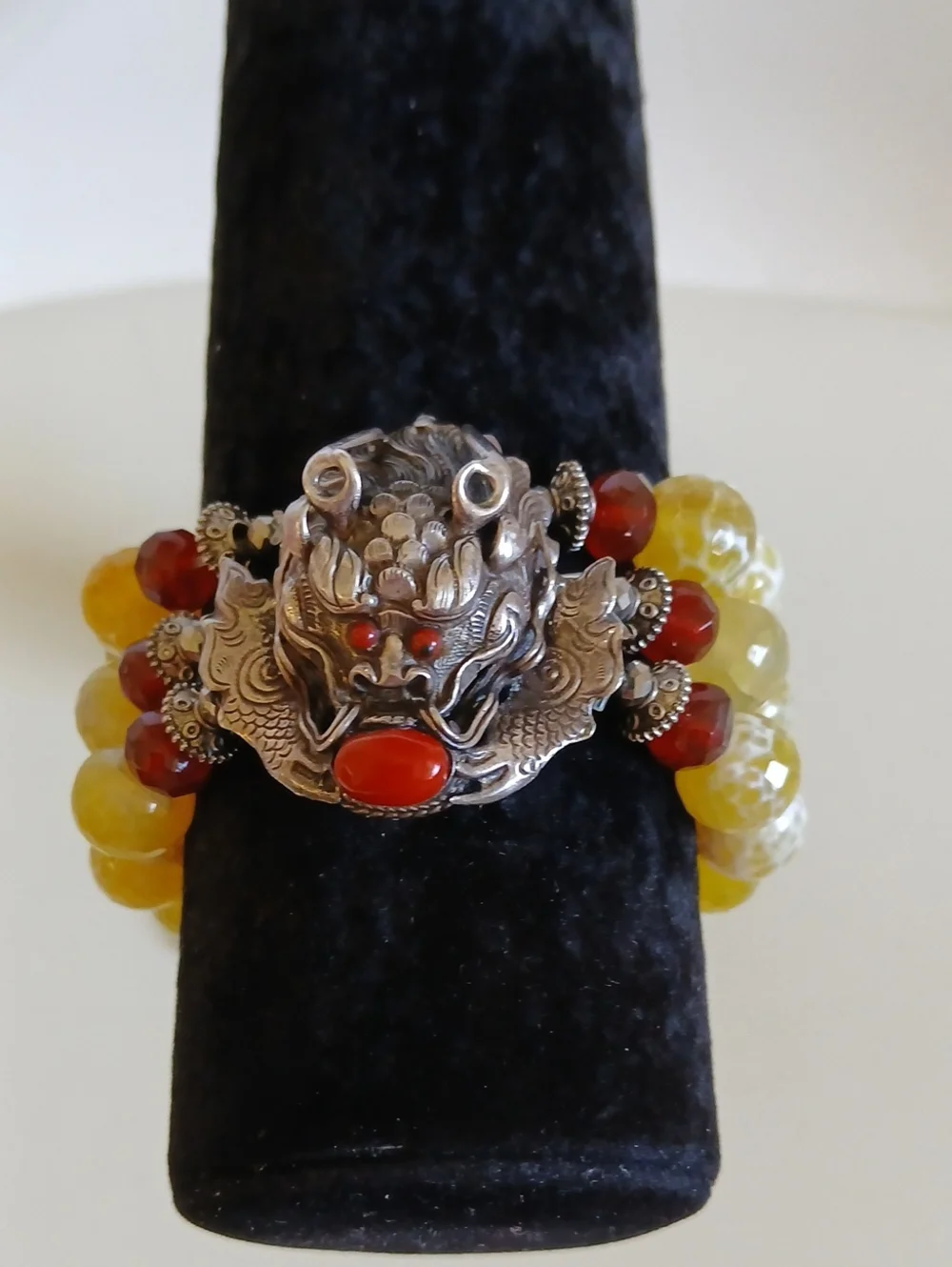 Silver Dragon Motif Yellow and Red Beaded Bracelet Nwt